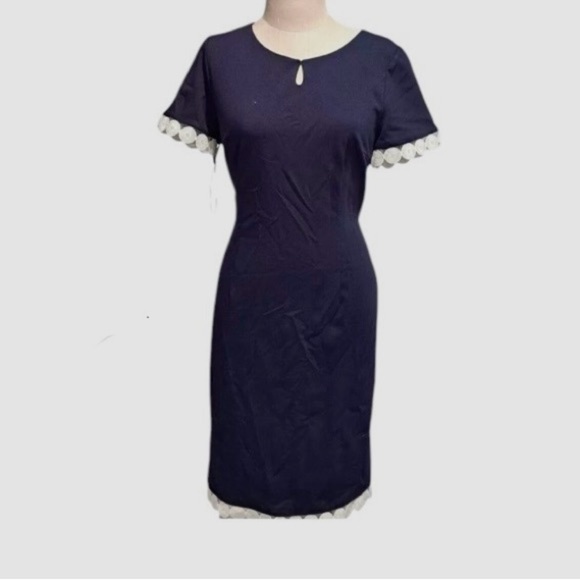 Talbots Navy Blue Scallop Eyelet Trim Dress Size 8P Career Office Classic - Picture 1 of 12